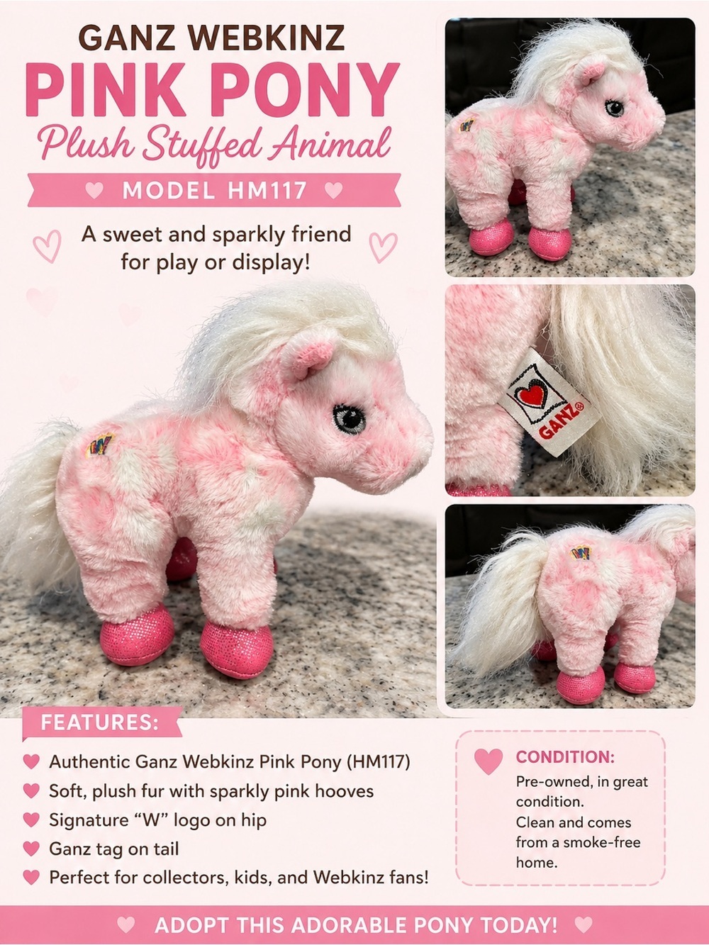Vintage WEBKINZ Pink Plush Pony Stuffed Animal Ganz Webkinz model HM117.